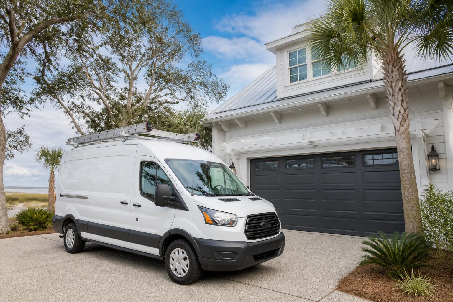 Myrtle Grove Garage Door Repair service van parked at a coastal Wilmington NC home